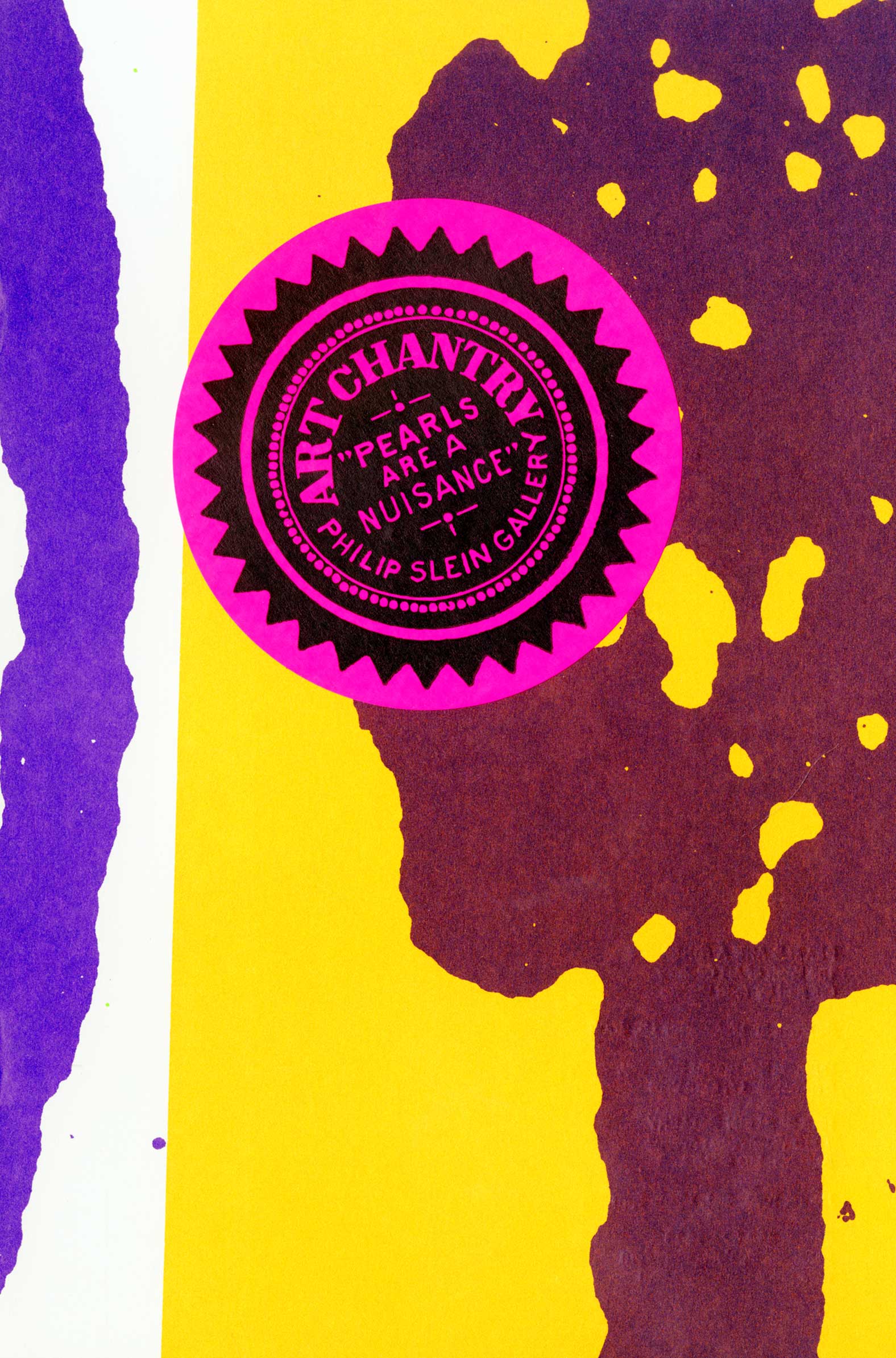 circular label with industrial type on brightly colored abstract image